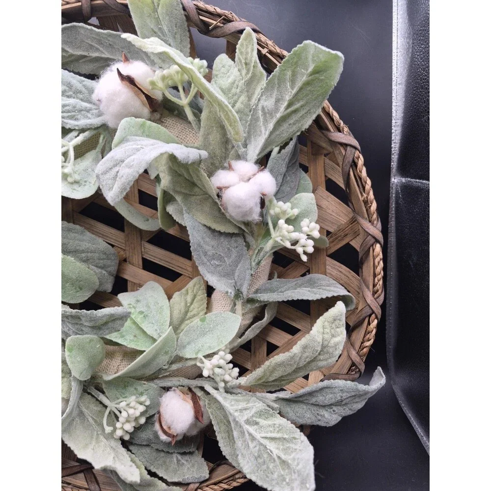 Lambs Ear Cotton Boll Front Door Wreath  18